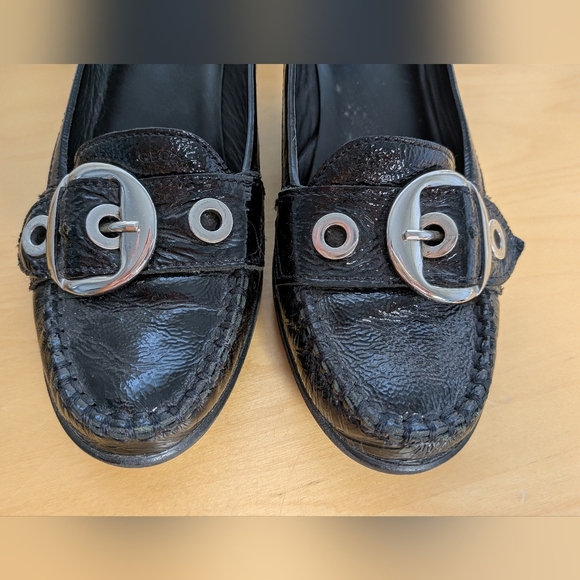 GEOX Wedge Glossy Leather Slip On Women Shoes Size 39.5 = 9.5 US Silver Buckle - Picture 3 of 10